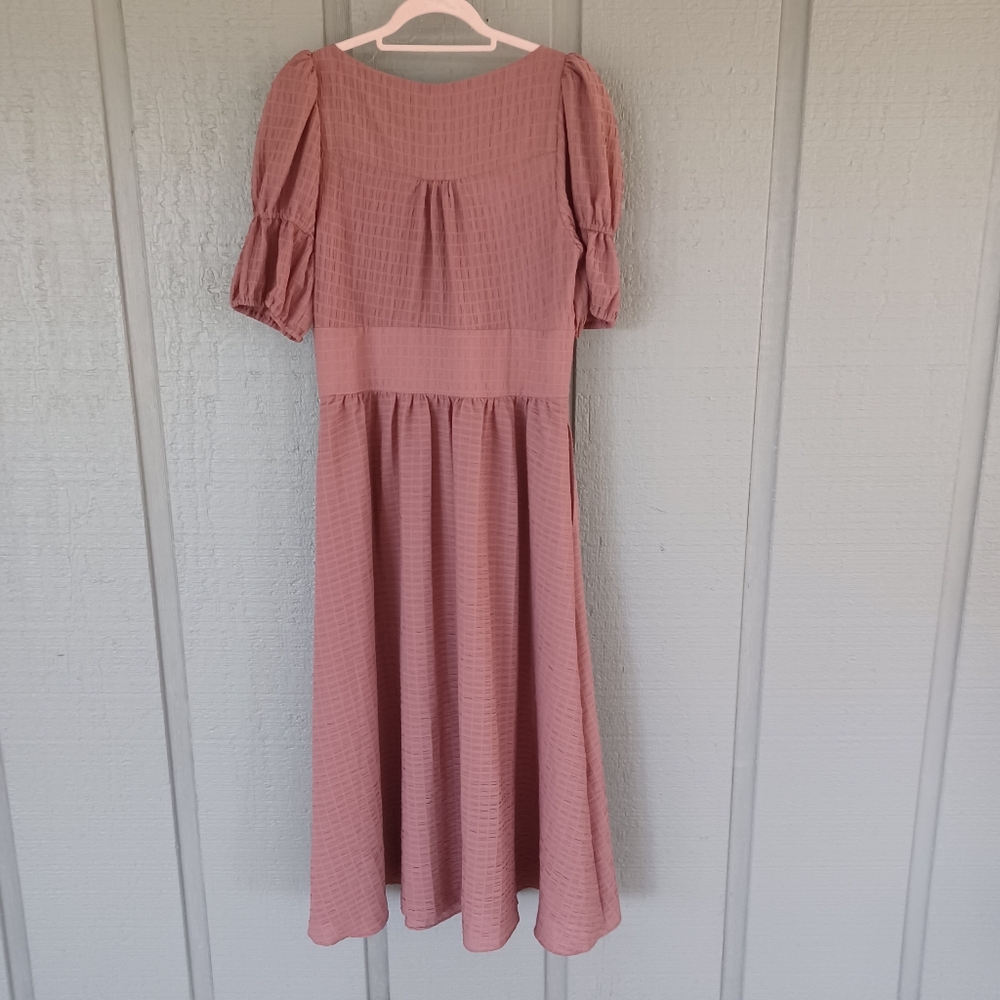 Ted Baker Angeia Midi Dress Size 3 US 8 Puff Sleeve Seersucker Feminine Defect - Picture 4 of 15